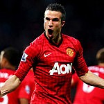 Robin van Persie celebrates scoring opening goal against Aston Villa