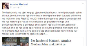 Armina Mevlani reagon pas lajmit se ajo kishte blere nje makine luksoze
