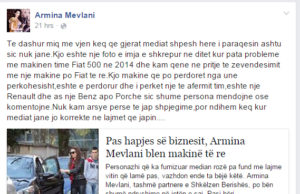 Armina Mevlani reagon pas lajmit se ajo kishte blere nje makine luksoze
